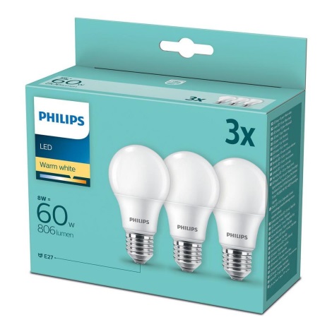 К-кт 3 бр. LED крушки Philips A60 E27/8W/230V 2700K