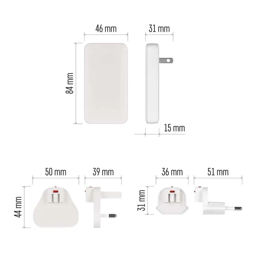 Адаптер за пътуване със сменяеми приставки USB GaN 100-250V