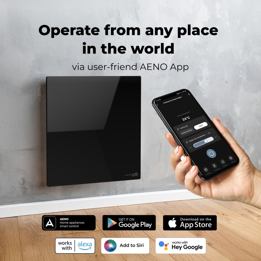 AENO - Умен електрически инфрачервен панел 500W с таймер/термостат и Wi-Fi, черен