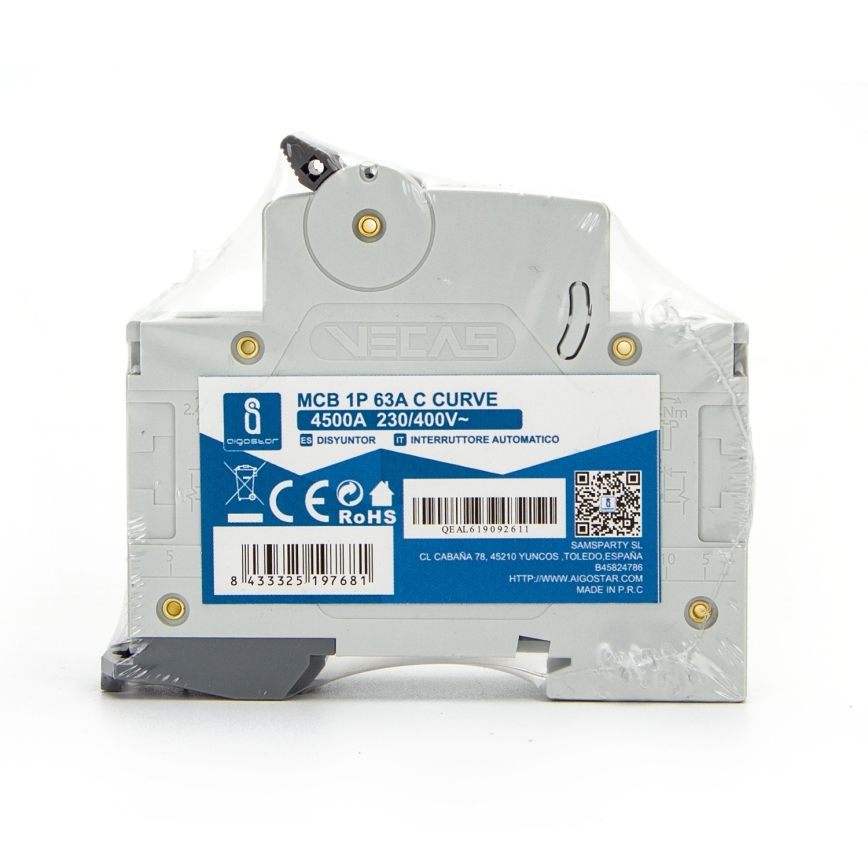 Aigostar - 1-фазен автоматичен прекъсвач 1P-63A-C 230-400V