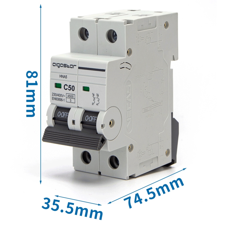 Aigostar - 2-полюсен автоматичен прекъсвач 50 A, тип C 230-400V