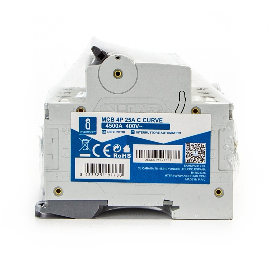 Aigostar - Автоматичен прекъсвач 4-полюсен 4P-25A-C 400V
