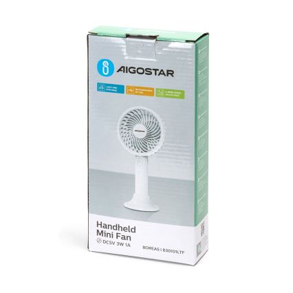 Aigostar - Акумулаторен джобен вентилатор 3W/5V 1500mAh USB бял