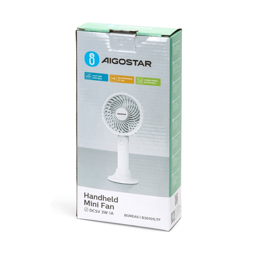 Aigostar - Акумулаторен джобен вентилатор 3W/5V 1500mAh USB бял