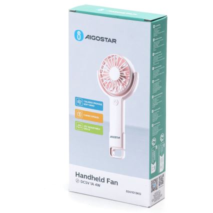 Aigostar - Акумулаторен джобен вентилатор 4,5W/3,7V 1200mAh USB розов
