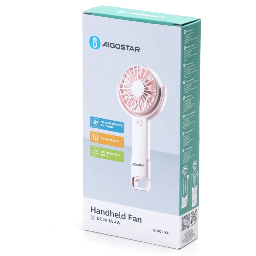 Aigostar - Акумулаторен джобен вентилатор 4,5W/3,7V 1200mAh USB розов