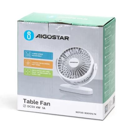 Aigostar - Акумулаторен маса fan 4W/5V 1500mAh бял
