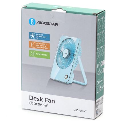 Aigostar - Акумулаторен настолен вентилатор 5W/5V 3600mAh USB син