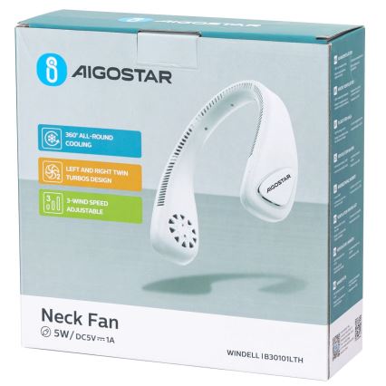 Aigostar - Акумулаторен вентилатор за врат 4W/5V 2000mAh бял