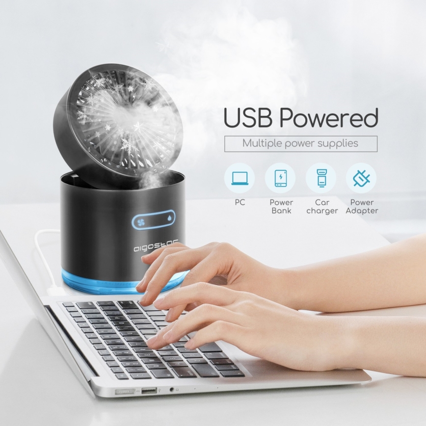Aigostar - Безжичен мини настолен вентилатор с ефект мъгла 10W/5V черен