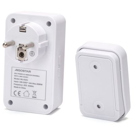 Aigostar - Безжичен звънец за контакт 1Z 230V IPX4 бял