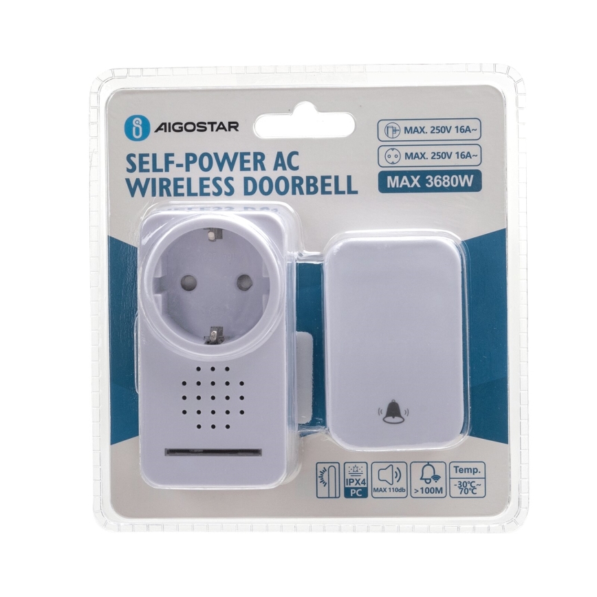 Aigostar - Безжичен звънец за контакт 1Z 230V IPX4 бял