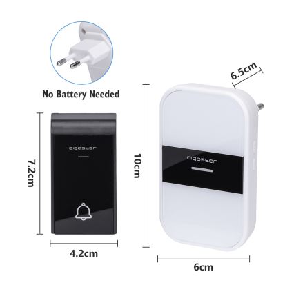 Aigostar - Безжичен звънец за контакт 230V IP44 бял/черен