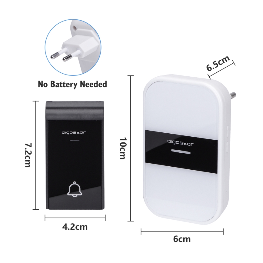 Aigostar - Безжичен звънец за контакт 230V IP44 бял/черен
