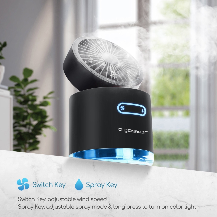 Aigostar - Безжичен мини настолен вентилатор с RGB и мъглов ефект MIST 10W/5V 2000mAh, черен