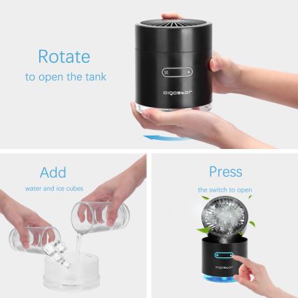 Aigostar - Безжичен мини настолен вентилатор с RGB и мъглов ефект MIST 10W/5V 2000mAh, черен