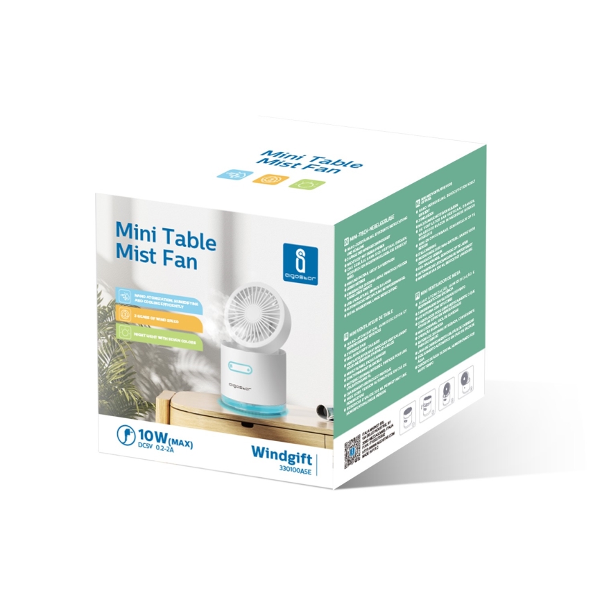 Aigostar - Безжичен мини настолен вентилатор с овлажнител RGB 10W/5V бял