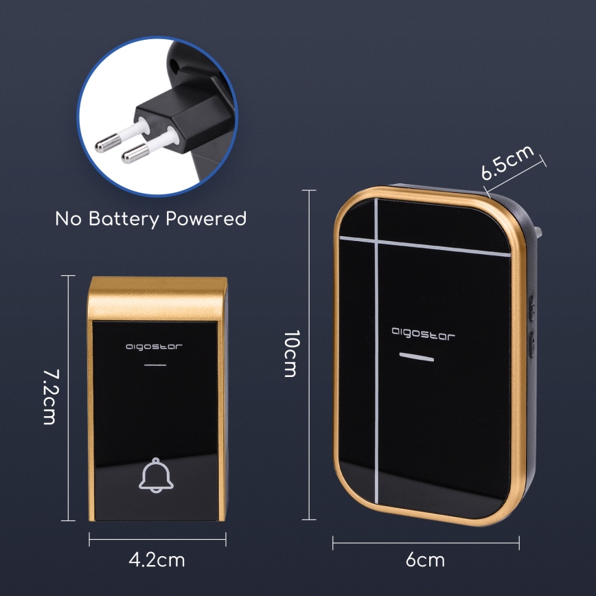 Aigostar - Безжичен звънец за контакт 230V/12V IP44 черен