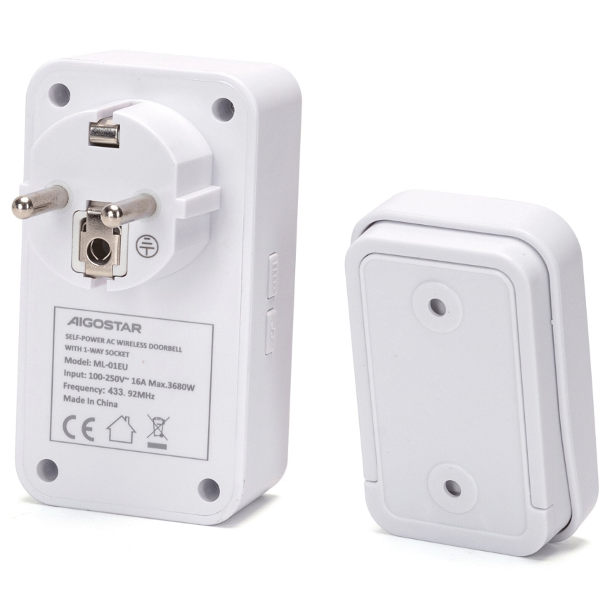 Aigostar - Безжичен звънец за контакт 1Z 230V IPX4 бял