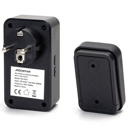 Aigostar - Безжичен звънец за контакт 1Z 230V IPX4 черен