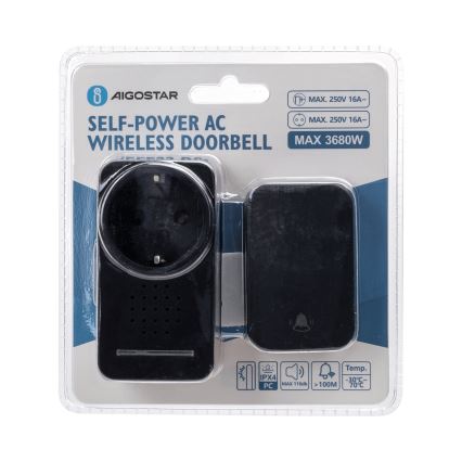 Aigostar - Безжичен звънец за контакт 1Z 230V IPX4 черен