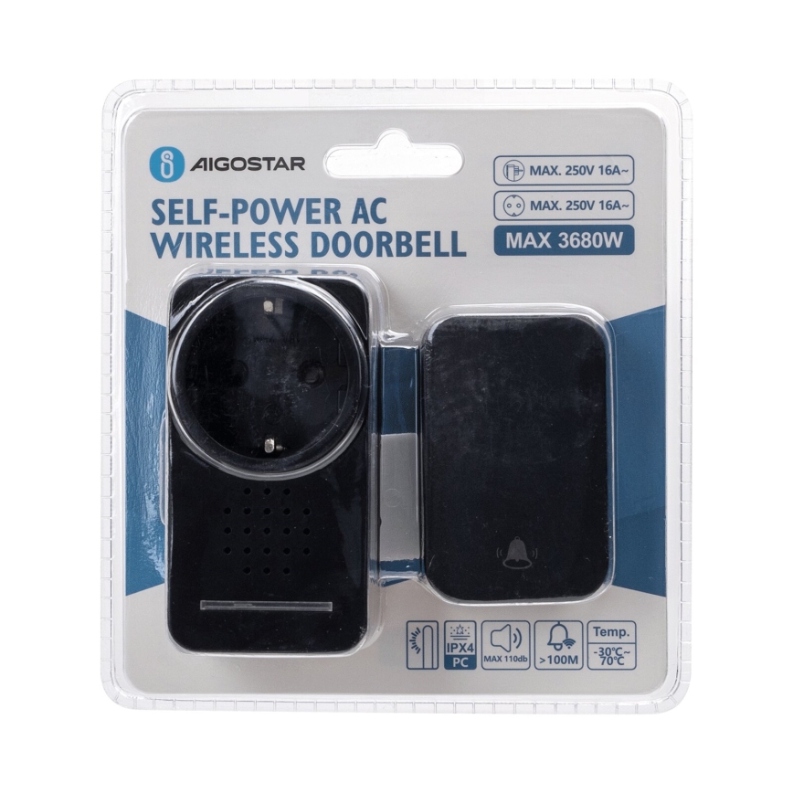 Aigostar - Безжичен звънец за контакт 1Z 230V IPX4 черен