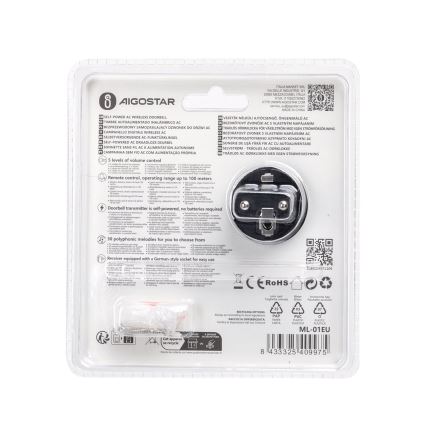 Aigostar - Безжичен звънец за контакт 1Z 230V IPX4 черен