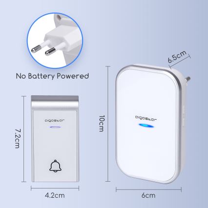 Aigostar - Безжичен звънец за контакт 230V/12V IP44 бял