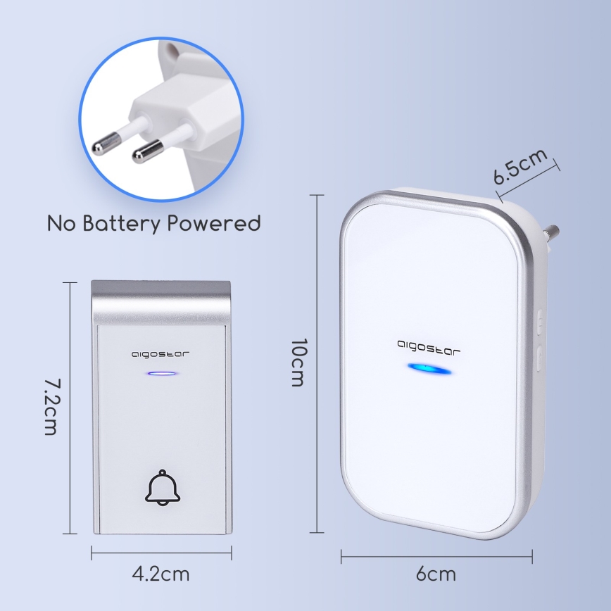 Aigostar - Безжичен звънец за контакт 230V/12V IP44 бял