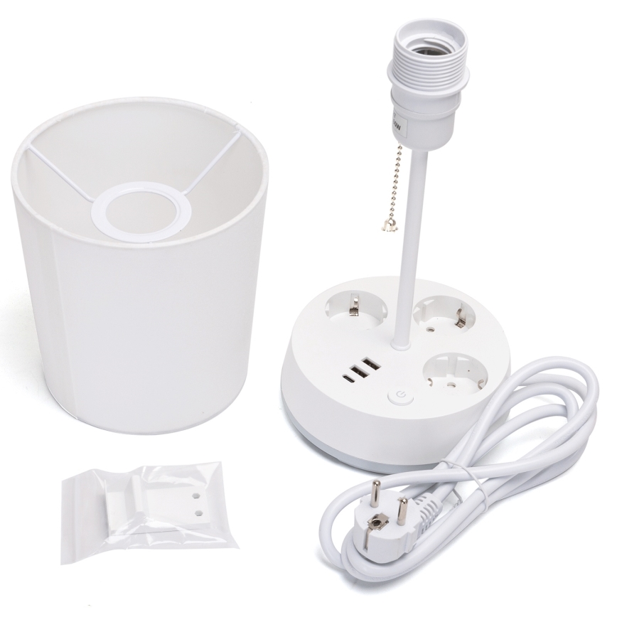 Aigostar - Бюро лампа с контакти и USB портове 1xE27/60W/230V бяла