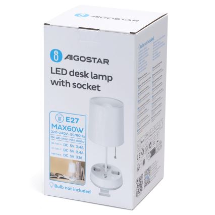 Aigostar - Бюро лампа с контакти и USB портове 1xE27/60W/230V бяла