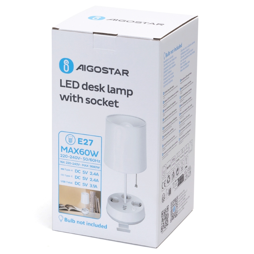 Aigostar - Бюро лампа с контакти и USB портове 1xE27/60W/230V бяла