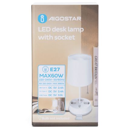 Aigostar - Бюро лампа с контакти и USB портове 1xE27/60W/230V бяла