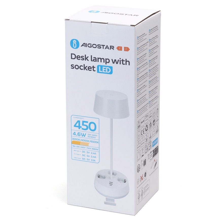 Aigostar - LED димируема настолна лампа с контакти и USB LED/4,6W/230V 3000/4000/6500K бяла