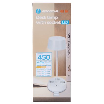 Aigostar - LED димируема настолна лампа с контакти и USB LED/4,6W/230V 3000/4000/6500K бяла