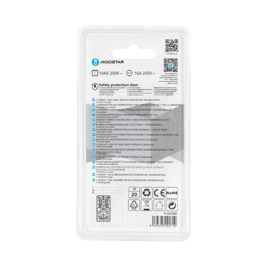 Aigostar - Домашен превключвател 2P с букса 1x10A/250V