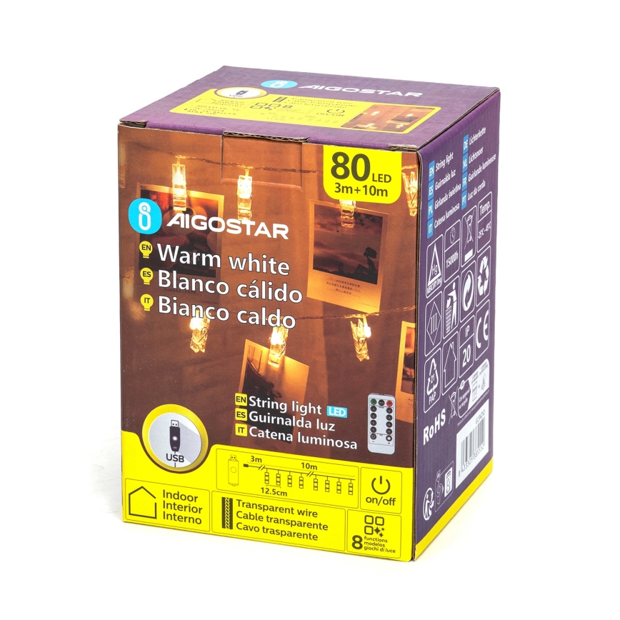 Aigostar - LED декоративен гирлянд 80xLED/5W/USB 13 m топла бяла светлина
