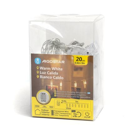 Aigostar - LED декоративен гирлянд с щипки 20xLED/3xAA 3,3m топло бяло