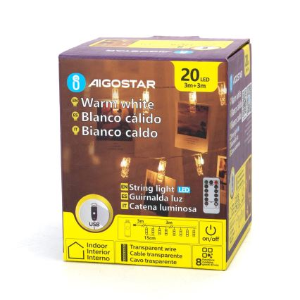 Aigostar - LED декоративна гирлянда 20xLED/5W/USB 6 m топла бяла