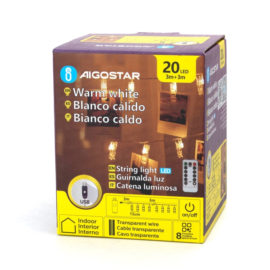 Aigostar - LED декоративна гирлянда 20xLED/5W/USB 6 m топла бяла