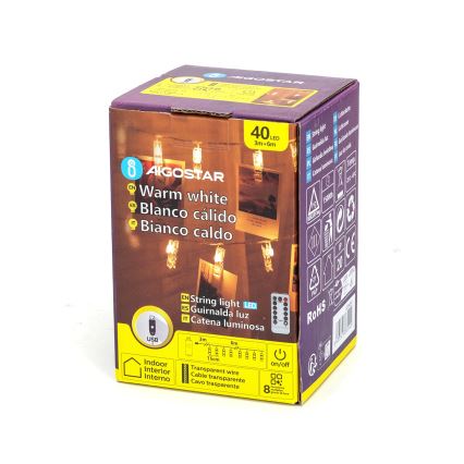 Aigostar - LED декоративна гирлянда 40xLED/5W/USB 9 m топла бяла светлина