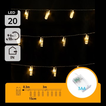 Aigostar - LED декоративна гирлянда с щипки 20xLED/3xAA 3,3m топла бяла светлина
