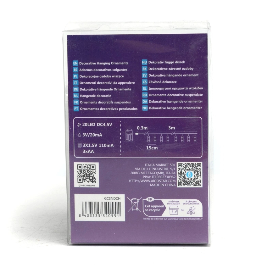 Aigostar - LED Декоративна верига с щифтове 20xLED/3xAA 3,3 м топло бял