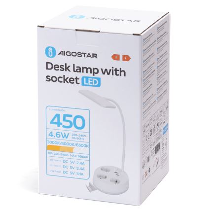 Aigostar - LED Димираща настолна лампа с контакт и USB LED/4,6W/230V 3000/4000/6500K бяла