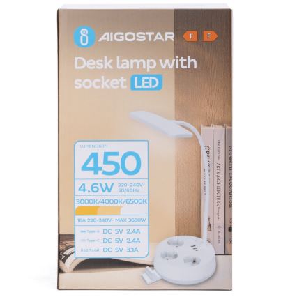 Aigostar - LED Димираща настолна лампа с контакт и USB LED/4,6W/230V 3000/4000/6500K бяла