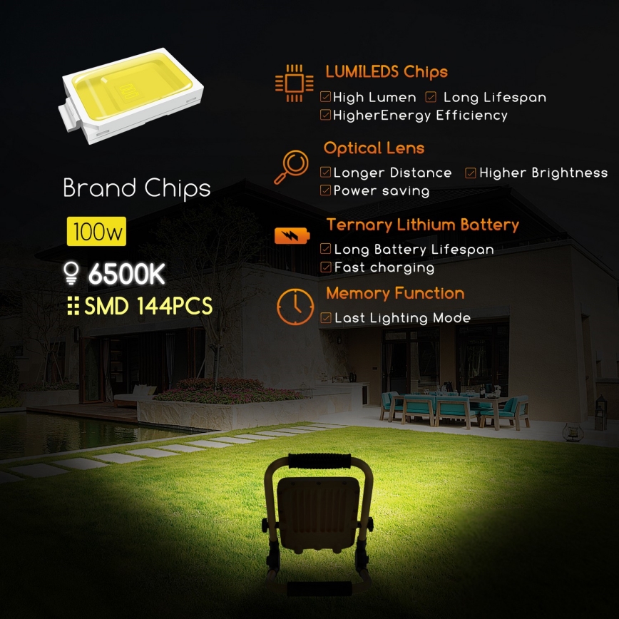Aigostar - LED Димируем акумулаторен прожектор LED/100W/5V 6500K IP65 1500mAh