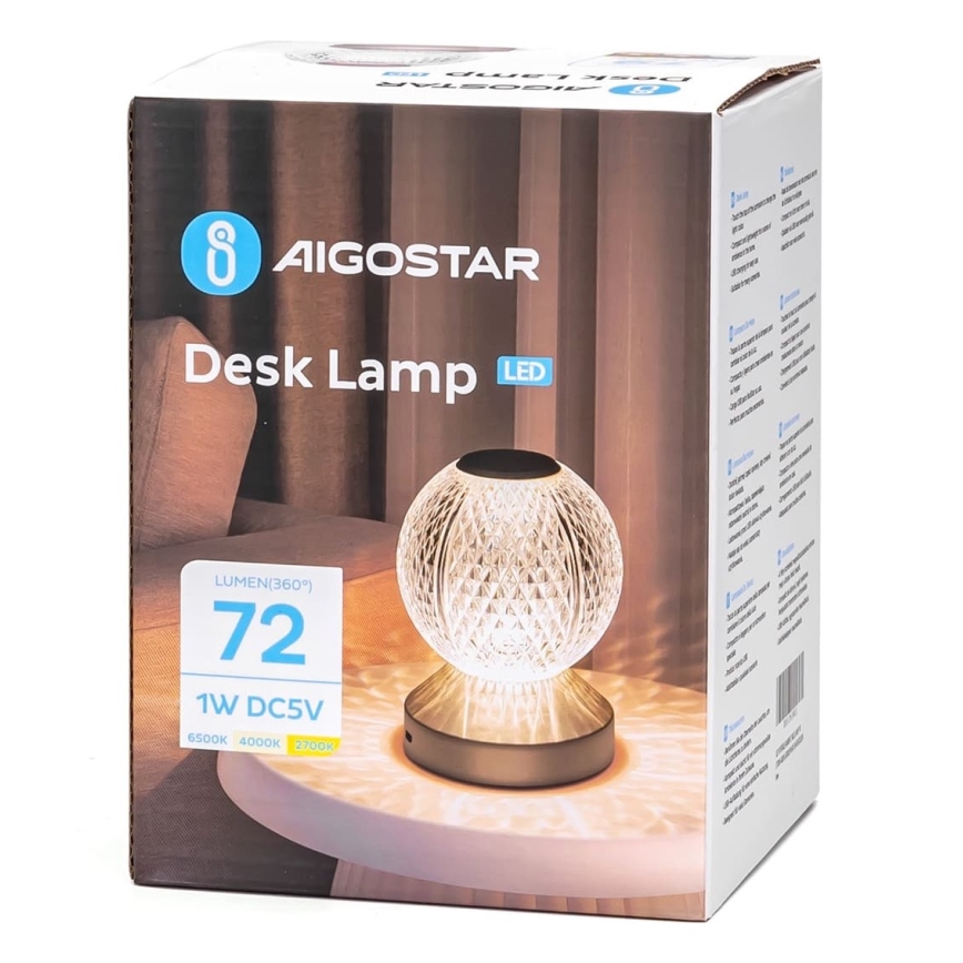 Aigostar - LED Димируема акумулаторна настолна лампа LED/1W/5V 2700/4000/6500K 1800mAh 13,5 см