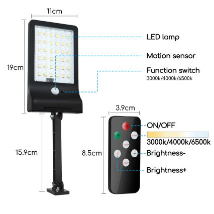 Aigostar - LED Димируем соларен лампа със сензор LED/2,3W/5,5V IP65 1800 mAh + дистанционно управление
