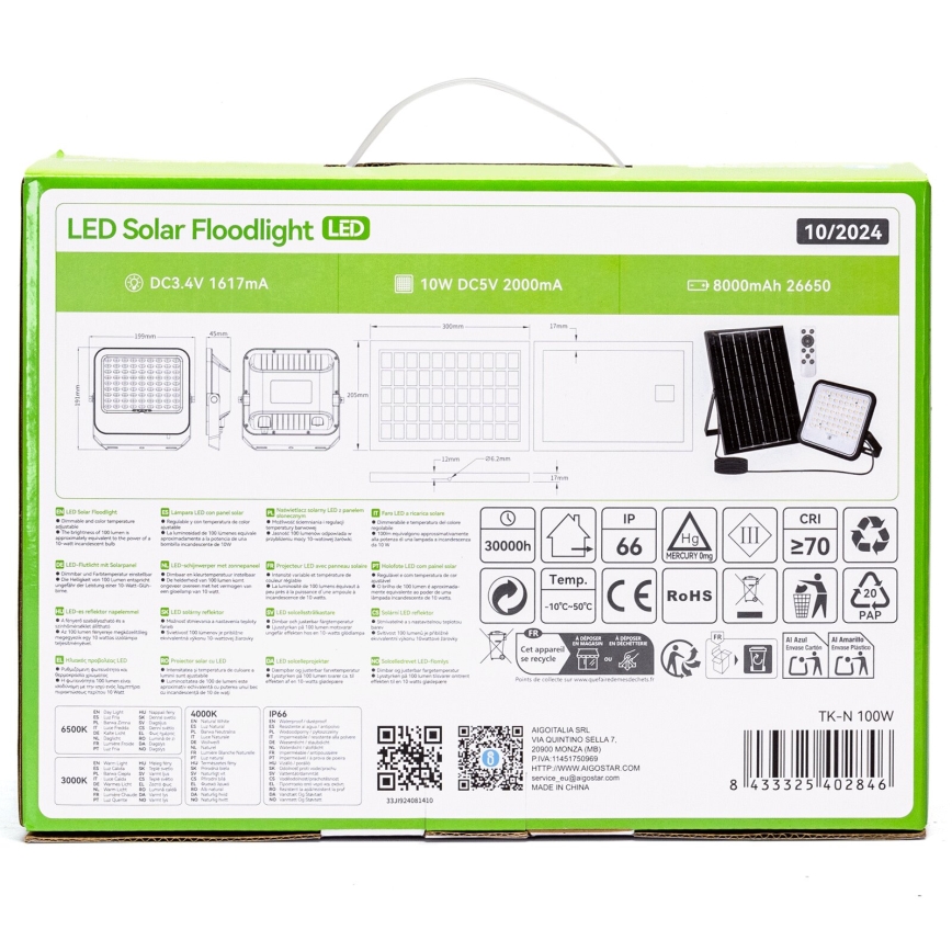 Aigostar - LED Димируем соларен прожектор LED/100W/3,4V 3000/4000/6500K IP66 + дистанционно управление
