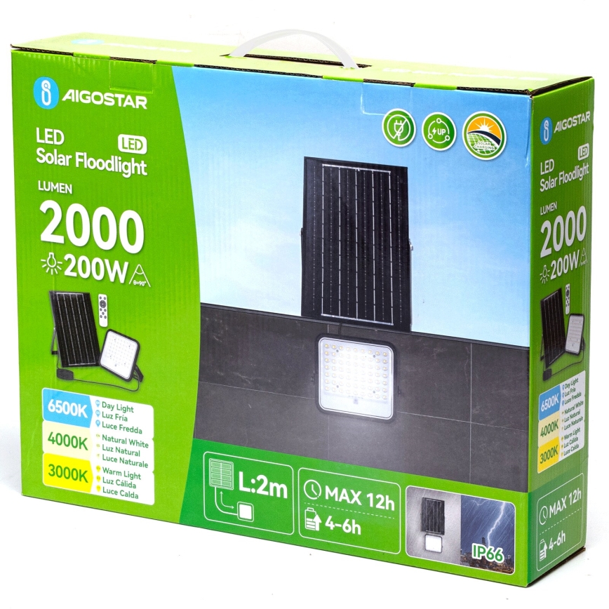 Aigostar - LED Димируем соларен прожектор LED/200W/3,4V 3000/4000/6500K IP66 + дистанционно управление